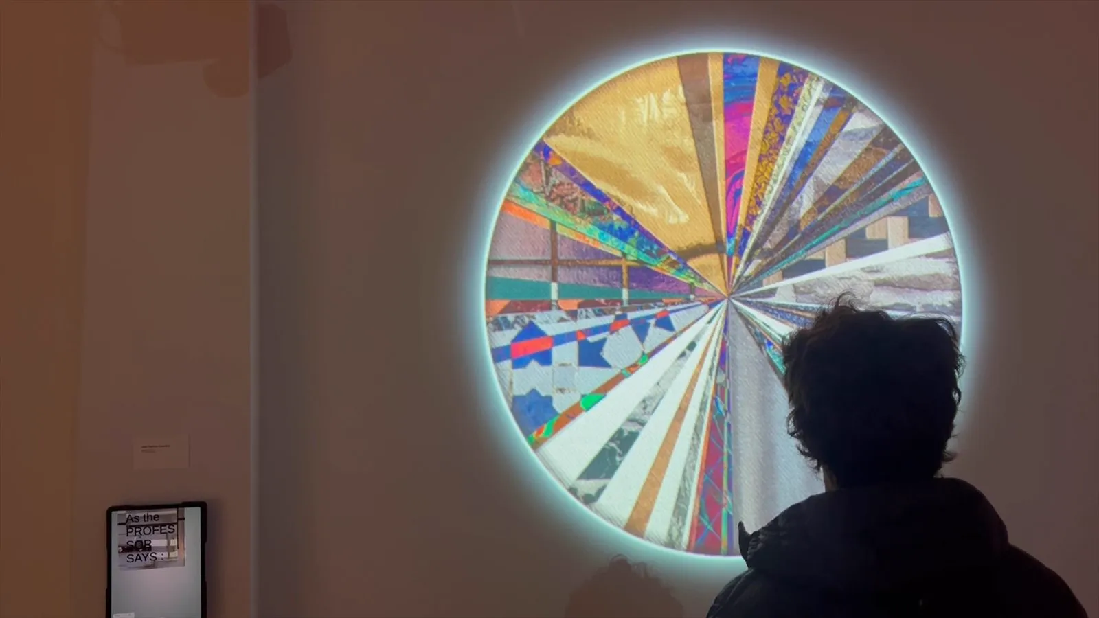 A glowing pie chart of textures projected in a dark gallery