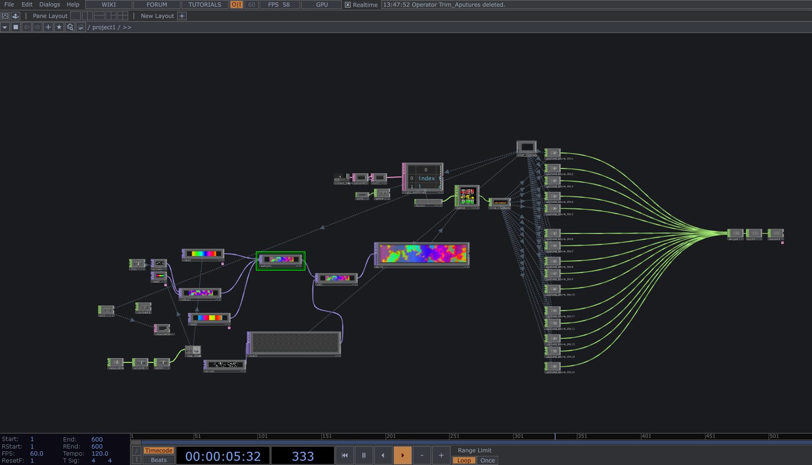 The TouchDesigner network driving the DMX lighting installation