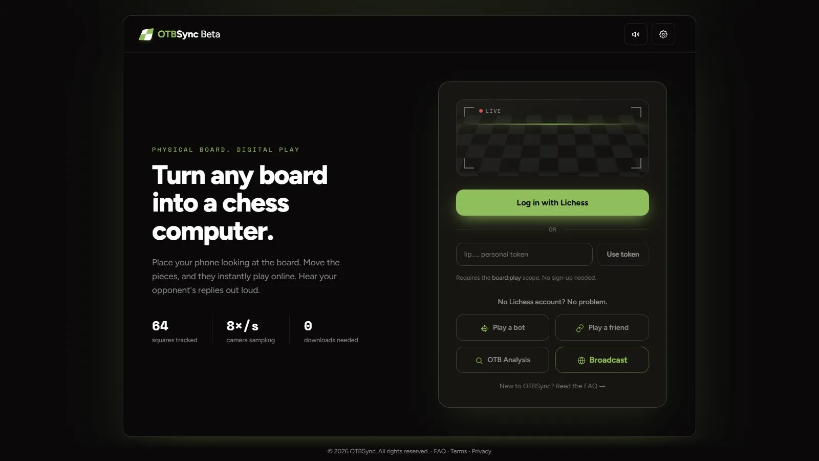 The OTBSync landing page: turn any board into a chess computer
