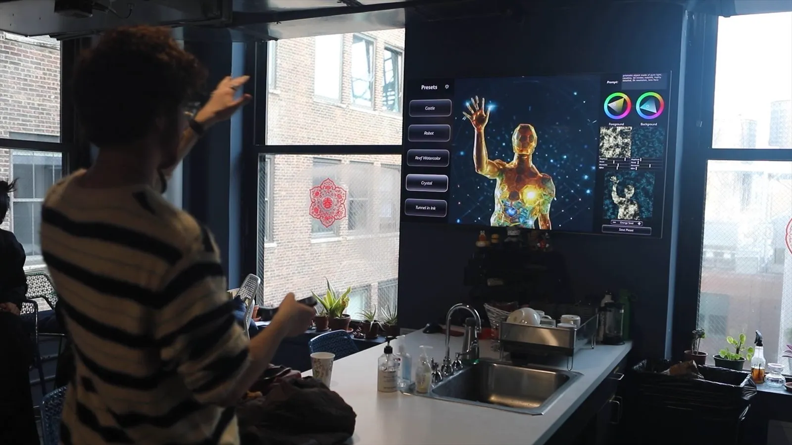 A visitor's silhouette transformed by real-time AI image generation
