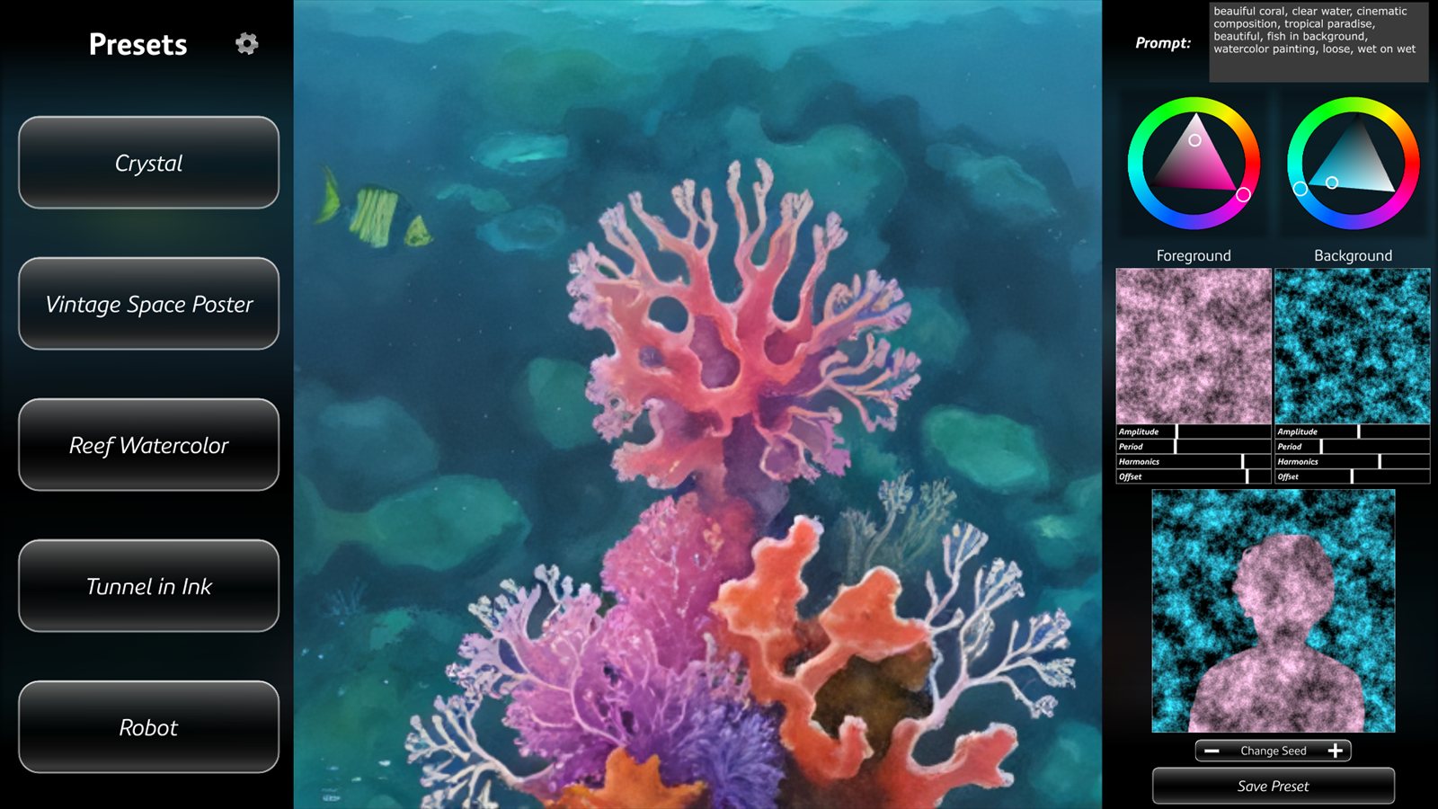 The installation interface showing a live AI-generated scene